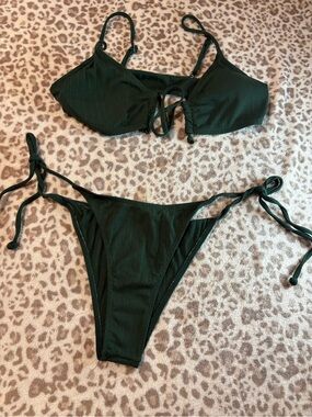 Women's Dark Green Ribbed Tie-Side Bikini Set